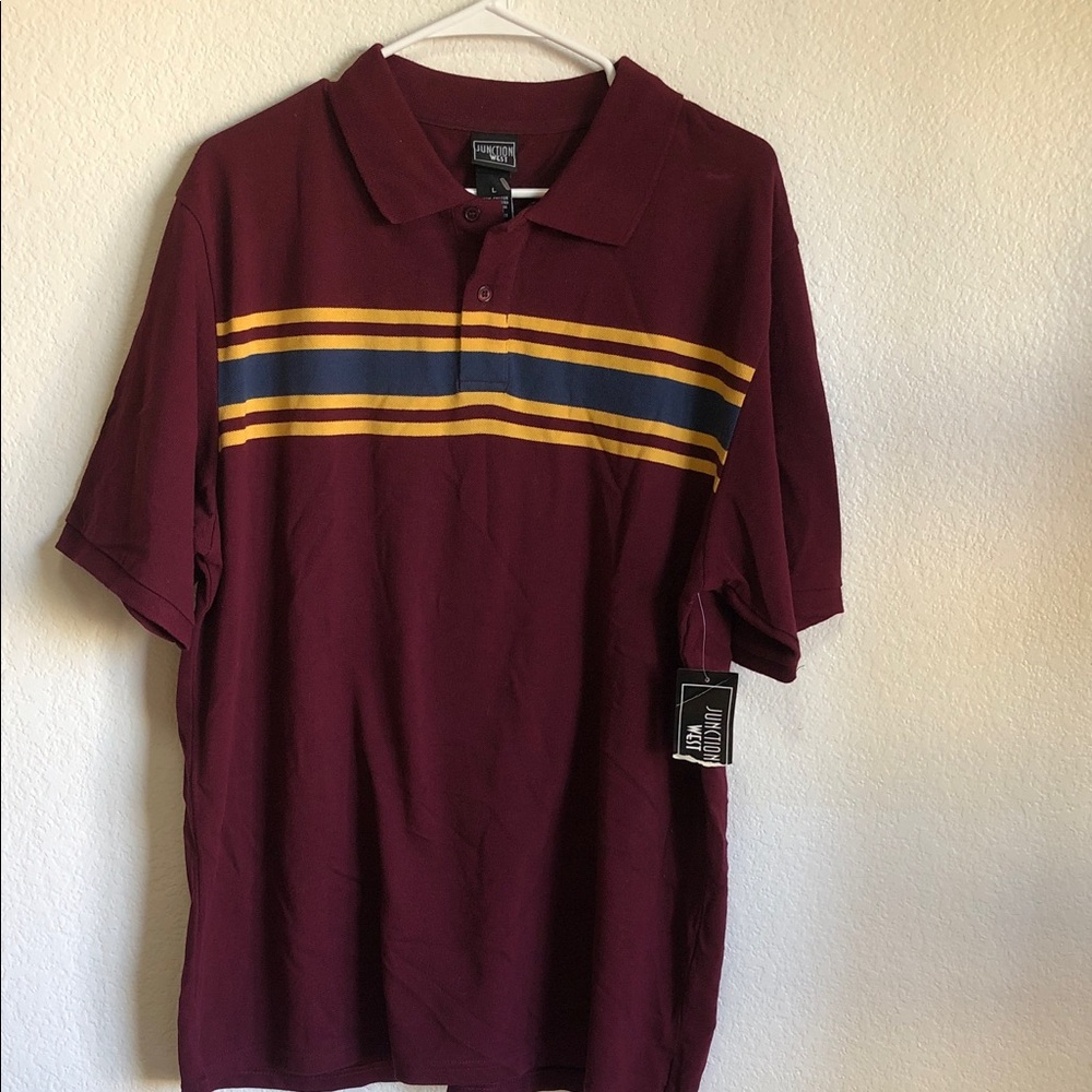 Junction‎ West Mens Large Polo Shirt Burgundy Maroon Striped Pique Cotton NWT